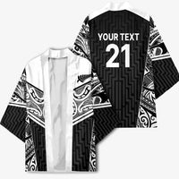 New Zealand Black Fern Custom Kimono Maori Tukutuku Black-white Motif - Polynesian Pride