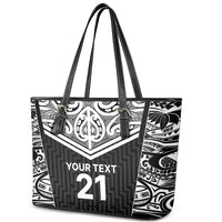 New Zealand Black Fern Custom Leather Tote Bag Maori Tukutuku Black-white Motif
