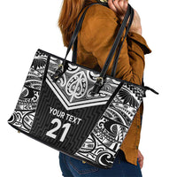 New Zealand Black Fern Custom Leather Tote Bag Maori Tukutuku Black-white Motif