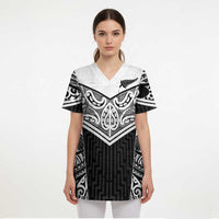 New Zealand Black Fern Custom Scrub Top Maori Tukutuku Black-white Motif - Polynesian Pride