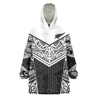New Zealand Black Fern Custom Wearable Blanket Hoodie Maori Tukutuku Black-white Motif