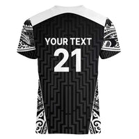 New Zealand Black Fern Custom Women V-Neck T-Shirt Maori Tukutuku Black-white Motif