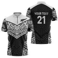 New Zealand Black Fern Custom Zipper Polo Shirt Maori Tukutuku Black-white Motif - Polynesian Pride