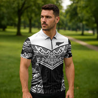 New Zealand Black Fern Custom Zipper Polo Shirt Maori Tukutuku Black-white Motif - Polynesian Pride