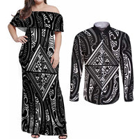 New Zealand Maori Taniko Couples Matching Off Shoulder Maxi Dress and Long Sleeve Button Shirt Black Kowhaiwhai Puhoro