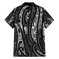 New Zealand Maori Taniko Family Matching Off The Shoulder Long Sleeve Dress and Hawaiian Shirt Black Kowhaiwhai Puhoro