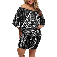 New Zealand Maori Taniko Family Matching Off Shoulder Short Dress and Hawaiian Shirt Black Kowhaiwhai Puhoro