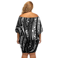 New Zealand Maori Taniko Family Matching Off Shoulder Short Dress and Hawaiian Shirt Black Kowhaiwhai Puhoro