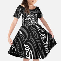 New Zealand Maori Taniko Family Matching Short Sleeve Bodycon Dress and Hawaiian Shirt Black Kowhaiwhai Puhoro