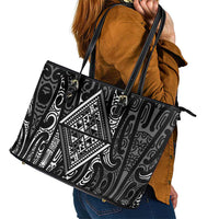 New Zealand Maori Taniko Leather Tote Bag Black Kowhaiwhai Puhoro