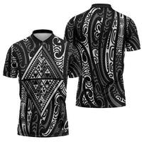 New Zealand Maori Taniko Zipper Polo Shirt Black Kowhaiwhai Puhoro - Polynesian Pride