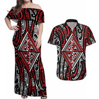 New Zealand Maori Taniko Couples Matching Off Shoulder Maxi Dress and Hawaiian Shirt Red Kowhaiwhai Puhoro
