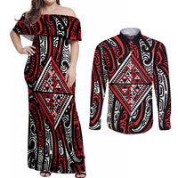 New Zealand Maori Taniko Couples Matching Off Shoulder Maxi Dress and Long Sleeve Button Shirt Red Kowhaiwhai Puhoro