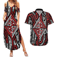 New Zealand Maori Taniko Couples Matching Summer Maxi Dress and Hawaiian Shirt Red Kowhaiwhai Puhoro