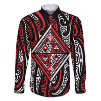 New Zealand Maori Taniko Family Matching Off The Shoulder Long Sleeve Dress and Hawaiian Shirt Red Kowhaiwhai Puhoro