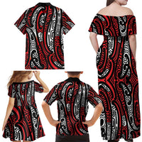 New Zealand Maori Taniko Family Matching Off Shoulder Maxi Dress and Hawaiian Shirt Red Kowhaiwhai Puhoro