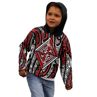 New Zealand Maori Taniko Kid Hoodie Red Kowhaiwhai Puhoro