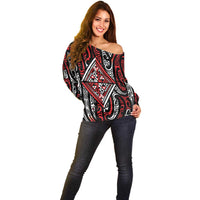 New Zealand Maori Taniko Off Shoulder Sweater Red Kowhaiwhai Puhoro