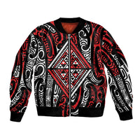 New Zealand Maori Taniko Sleeve Zip Bomber Jacket Red Kowhaiwhai Puhoro