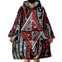 New Zealand Maori Taniko Wearable Blanket Hoodie Red Kowhaiwhai Puhoro
