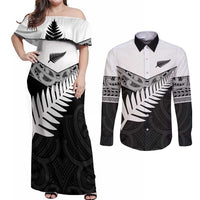 New Zealand Silver Fern Couples Matching Off Shoulder Maxi Dress and Long Sleeve Button Shirt Maori Koru Mixed Taniko Pattern