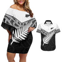 New Zealand Silver Fern Couples Matching Off Shoulder Short Dress and Hawaiian Shirt Maori Koru Mixed Taniko Pattern