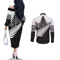 New Zealand Silver Fern Couples Matching Off The Shoulder Long Sleeve Dress and Long Sleeve Button Shirt Maori Koru Mixed Taniko Pattern