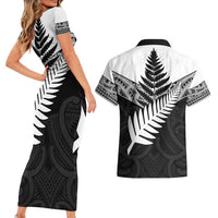 New Zealand Silver Fern Couples Matching Short Sleeve Bodycon Dress and Hawaiian Shirt Maori Koru Mixed Taniko Pattern