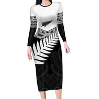 New Zealand Silver Fern Family Matching Long Sleeve Bodycon Dress and Hawaiian Shirt Maori Koru Mixed Taniko Pattern