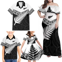 New Zealand Silver Fern Family Matching Off Shoulder Maxi Dress and Hawaiian Shirt Maori Koru Mixed Taniko Pattern