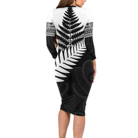 New Zealand Silver Fern Long Sleeve Bodycon Dress Maori Koru Mixed Taniko Pattern