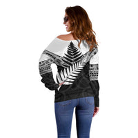 New Zealand Silver Fern Off Shoulder Sweater Maori Koru Mixed Taniko Pattern