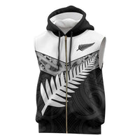 New Zealand Silver Fern Sleeveless Zip Hoodie Maori Koru Mixed Taniko Pattern - Polynesian Pride