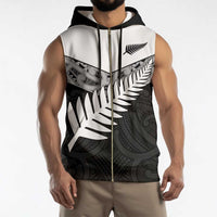 New Zealand Silver Fern Sleeveless Zip Hoodie Maori Koru Mixed Taniko Pattern - Polynesian Pride