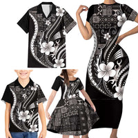 Samoa Siapo Tribal Pattern Family Matching Short Sleeve Bodycon Dress and Hawaiian Shirt Black Polynesian Plumeria Tapa Motif