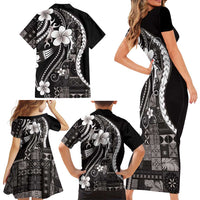 Samoa Siapo Tribal Pattern Family Matching Short Sleeve Bodycon Dress and Hawaiian Shirt Black Polynesian Plumeria Tapa Motif