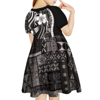 Samoa Siapo Tribal Pattern Kid Short Sleeve Dress Black Polynesian Plumeria Tapa Motif