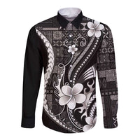 Samoa Siapo Tribal Pattern Long Sleeve Button Shirt Black Polynesian Plumeria Tapa Motif LT9 Unisex Black - Polynesian Pride