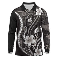 Samoa Siapo Tribal Pattern Long Sleeve Polo Shirt Black Polynesian Plumeria Tapa Motif
