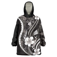 Samoa Siapo Tribal Pattern Wearable Blanket Hoodie Black Polynesian Plumeria Tapa Motif