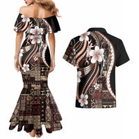 Samoa Siapo Tribal Pattern Couples Matching Mermaid Dress and Hawaiian Shirt Brown Polynesian Plumeria Tapa Motif
