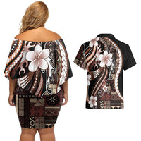 Samoa Siapo Tribal Pattern Couples Matching Off Shoulder Short Dress and Hawaiian Shirt Brown Polynesian Plumeria Tapa Motif