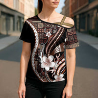Samoa Siapo Tribal Pattern Cross Shoulder Shirt Brown Polynesian Plumeria Tapa Motif