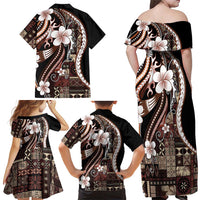Samoa Siapo Tribal Pattern Family Matching Off Shoulder Maxi Dress and Hawaiian Shirt Brown Polynesian Plumeria Tapa Motif