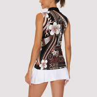 Samoa Siapo Tribal Pattern Women Sleeveless Polo Shirt Brown Polynesian Plumeria Tapa Motif