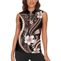 Samoa Siapo Tribal Pattern Women Sleeveless Polo Shirt Brown Polynesian Plumeria Tapa Motif