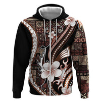 Samoa Siapo Tribal Pattern Zip Hoodie Brown Polynesian Plumeria Tapa Motif