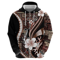 Samoa Siapo Tribal Pattern Zip Hoodie Brown Polynesian Plumeria Tapa Motif