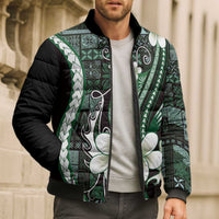 Samoa Siapo Tribal Pattern Bomber Puffer Jacket Forest Green Polynesian Plumeria Tapa Motif