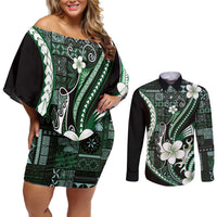 Samoa Siapo Tribal Pattern Couples Matching Off Shoulder Short Dress and Long Sleeve Button Shirt Forest Green Polynesian Plumeria Tapa Motif LT9 Green - Polynesian Pride